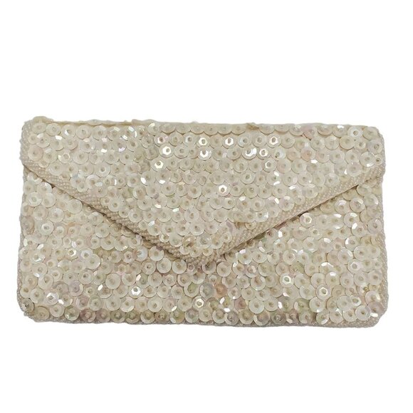 Walborg Vintage 1950's 1960's Ivory Seed Bead Sequin Evening Cocktail Clutch Bag - Picture 1 of 5